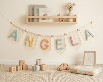 Striscione personalizzato con il nome del bambino, lettere in filo di lana personalizzate su tela, decorazione per la cameretta, ghirlanda per la stanza dei bambini, regalo neutro per baby shower.