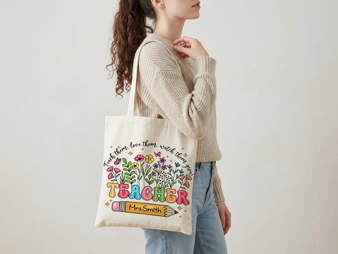 Teacher Tote Bag, Floral Pencil Design Gift for Teacher, Thank You ...