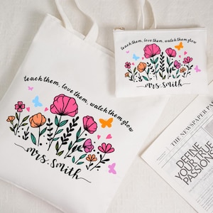 Custom Teacher Tote Bag, Personalized Teacher Appreciation Gift, Floral Canvas School Bag, Reusable Campus Tote for Educators
