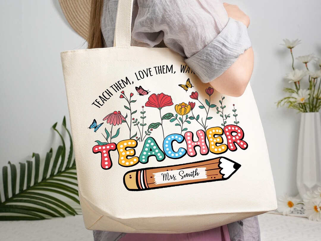 Floral Teacher Tote Bag: Personalized Canvas Gift - Etsy