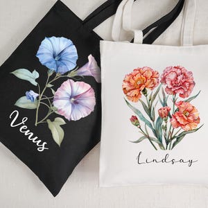 Custom Birth Month Flower Tote Bag, Personalized Gift for Her, Canvas Tote Bag, Bachelorette Bridesmaid Gifts, Custom Name Canvas Bag