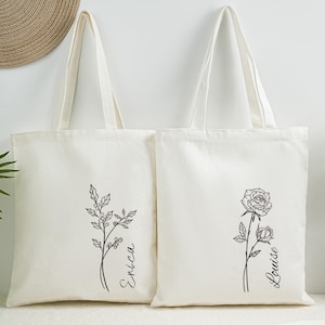 Custom Birth Month Flower Tote Bag, Personalized Gift for Her, Canvas Tote Bag, Bachelorette Bridesmaid Gifts, Custom Name Canvas Bag