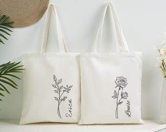 Custom Birth Month Flower Tote Bag: Personalized Canvas Bag