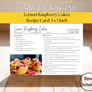 Lemon Raspberry Cake Recipe | Gluten and Dairy Free | Printable Recipe Card PDF JPG | Bonus Canva Template Included