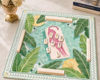 Mahjongmat roze luipaard, Palm Beach Mahjong-spelaccessoire, preppy neopreen tafelbeschermhoes, SCHEPEN OPGEROLD