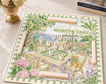 Mahjongmat tuinfeest hond, preppy doodle mahjongspelaccessoire, Grandmillennial neopreen tafelbeschermhoes, SCHEPEN OPGEROLD