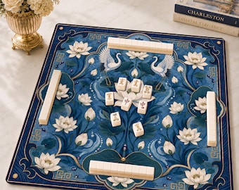 White Lotus Mahjong Mat, Chinoiserie Crane Mahjong Game Accessory, Blue Jade Neoprene Table Protection Cover, SHIPS ROLLED