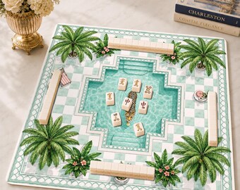 Poolside Leopard Mahjong Mat, Tropical Palm Beach Mahjong Game Accessory, Grandmillennial Neoprene Table Protection Cover, SHIPS ROLLED