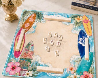 Palm Beach Mahjong Mat, Surfboard Tropical Mahjong Game Accessory, Grandmillennial Neoprene Table Protection Cover, SHIPS ROLLED