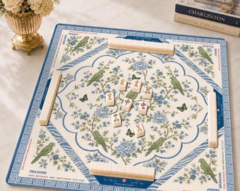 Chinoiserie Floral Mahjong Mat with Charleston, Blue & White Mahjong Game Accessory, Neoprene Table Protection Cover, SHIPS ROLLED