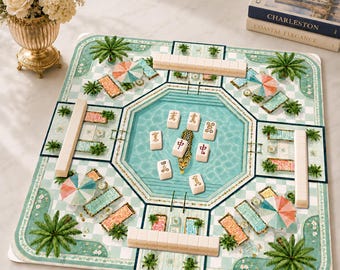 Preppy Leopard Mahjong Mat, Poolside Mahjong Game Accessory, Palm Beach Neoprene Table Protection Cover, SHIPS ROLLED