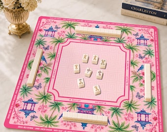 Pink Pagoda Mahjong Mat, Chinoiserie Mahjong Game Accessory, Palm Beach Neoprene Table Protection Cover, SHIPS ROLLED