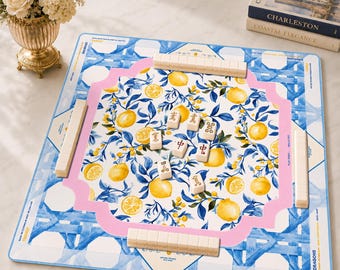 Mahjongmat citroen, mahjongspelaccessoire blauw rotan riet, preppy neopreen tafelbeschermhoes, SCHEPEN OPGEROLD