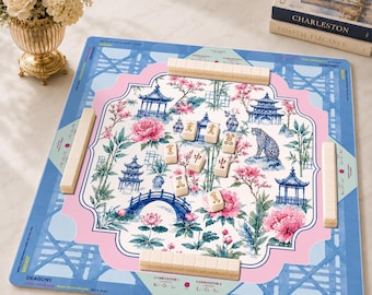 Blue Chinoiserie Leopard Mahjong Mat with Charleston, Rattan Cane Mahjong Game Accessory, Neoprene Table Protection Cover, SHIPS ROLLED