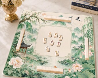 Chinoiserie Landscape Mahjong Mat, Shan Shui Crane Koi Lotus Mahjong Game Accessory, Neoprene Table Protection Cover, SHIPS ROLLED