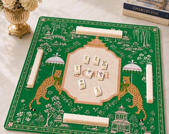 Mahjongmat Chinoiserie Leopard, preppy Pink Pagoda Mahjong-spelaccessoire, Grandmillennial neopreen tafelbeschermhoes, SCHEPEN OPGEROLD