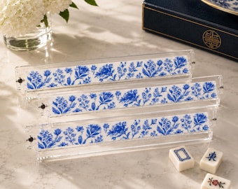 Set Of 4 Mahjong Racks With Blue Porcelain Floral Design, Chinoiserie Clear Acrylic Tile Holders For Game Night, Mahjong Accessories Gift