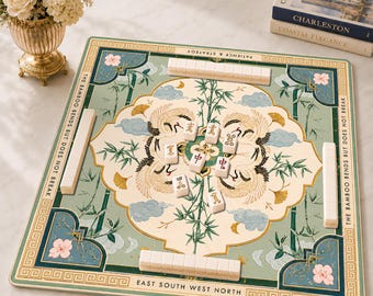 Chinoiserie Crane Mahjong Mat, Healing Energy Mahjong Game Accessory, Zen Decor Neoprene Table Protection Cover, SHIPS ROLLED
