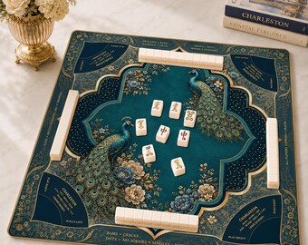 Blue & Gold Peacock Mahjong Mat with Charleston, Floral Mahjong Game Accessory, Neoprene Table Protection Cover, SHIPS ROLLED