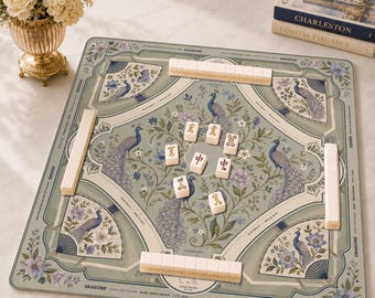 Floral Peacock Mahjong Mat with Charleston, Botanical Mahjong Game Accessory, Grandmillennial Neoprene Table Protection Cover, SHIPS ROLLED