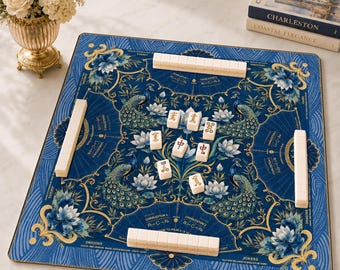 Peacock White Lotus Mahjong Mat, Chinoiserie Mahjong Game Accessory, Blue Jade Neoprene Table Protection Cover, SHIPS ROLLED