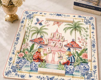 Pink Monkey Pagoda Mahjong Mat, Chinoiserie Mahjong Game Accessory, Grandmillennial Neoprene Table Protection Cover, SHIPS ROLLED