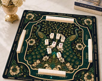 Peacock Mahjong Mat with Instruction, William Morris Mahjong Game Accessory, Neoprene Table Protection Cover, SHIPS ROLLED