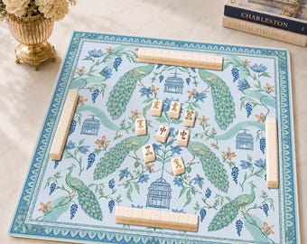 Chinoiserie Peacock Mahjong Mat, Blue Floral Mahjong Game Accessory, Grandmillennial Neoprene Table Protection Cover, SHIPS ROLLED