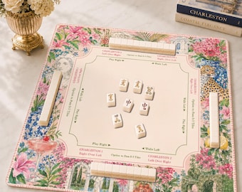 Chinoiserie Leopard Mahjong Mat, Blue White Ginger Jar Mahjong Game Accessory, Pink Floral Neoprene Table Protection Cover, SHIPS ROLLED