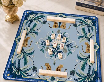 Tropical Leopard Mahjong Mat with Instruction, Blue Jade Mahjong Game Accessory, Preppy Neoprene Table Protection Cover, SHIPS ROLLED