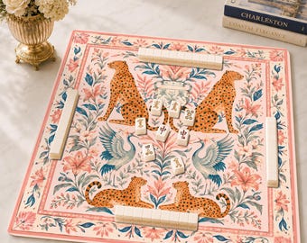 Chinoiserie Pink Leopard Mahjong Mat, Crane Ginger Jar Mahjong Game Accessory, Floral Neoprene Table Protection Cover, SHIPS ROLLED