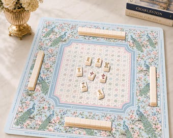 Chinoiserie Peacock Mahjong Mat with Instruction, Floral Mahjong Game Accessory, Rattan Cane Neoprene Table Protection Cover, SHIPS ROLLED