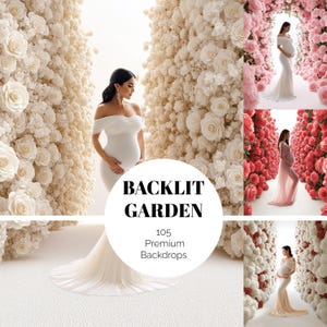 Könnte beinhalten: Ein zusammengesetztes Bild, das eine schwangere Person in einem weißen Kleid zeigt, die vor weißen und rosa Blumendekorationen posiert. Der Text "BACKLIT GARDEN" und "105 Premium Backdrops" ist ebenfalls sichtbar.