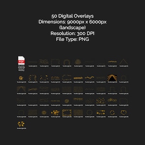 May include: A digital product featuring 50 gold twinkle light overlays in diverse shapes. The image includes text detailing dimensions, resolution, and file type, plus a PDF guide on using the overlays in Photoshop.