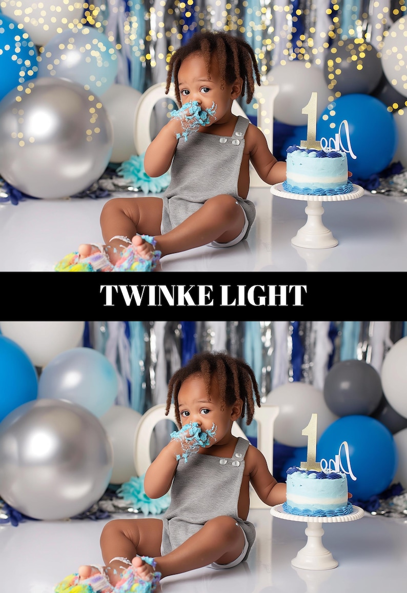 May include: A child in a grey romper sits in front of a backdrop with balloons and a cake. The child has blue frosting on their face and hands. A small cake with a number 1 on top sits on a white cake stand. The word "TWINKE LIGHT" is in the image.