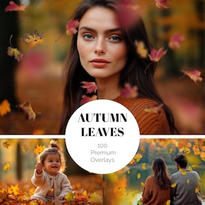 May include: A composite image featuring a woman, a baby, and a couple, all set in an autumn scene with falling leaves. A circular graphic displays the text "AUTUMN LEAVES" and "100 Premium Overlays". The color palette includes warm tones of orange, brown, and yellow.
