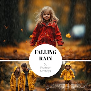 Op de afbeelding: Een kind in een rode regenjas in de regen, omringd door vallende bladeren. De afbeelding bevat de tekst "FALLING RAIN" en "60 Premium Overlays". Extra afbeeldingen tonen een stel en een ander kind in gele regenjassen.