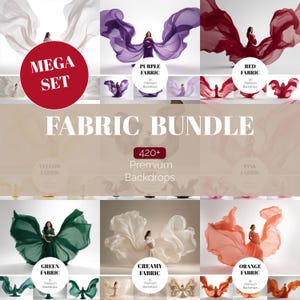 May include: A fabric bundle featuring various colors of flowing fabric backdrops. The image showcases a mega set with purple, red, green, creamy, and orange fabrics. Each color has a model posing with the fabric, and the text "FABRIC BUNDLE" is prominently displayed.