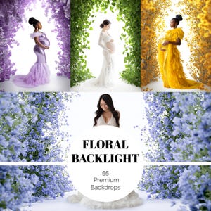 Peut inclure: Image composite avec trois femmes enceintes portant des robes élégantes, chacune encadrée par des arches florales. Les robes sont de couleurs violette, blanche et jaune. L'image comprend également une femme en robe blanche et le texte "FLORAL BACKLIGHT" et "55 Premium Backdrops".