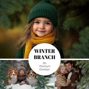 Op de afbeelding: Een lachend kind met een groene muts en gele sjaal, omringd door dennentakken. De tekst "WINTER BRANCH" staat in een witte cirkel, met daaronder "60 Premium Overlays", wat wijst op een winterthema.