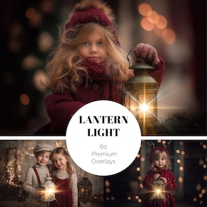 May include: A child with long blonde hair wearing a burgundy coat, hat, and scarf, holding a vintage lantern. The lantern emits a bright light. The image includes the text "LANTERN LIGHT" and "60 Premium Overlays".