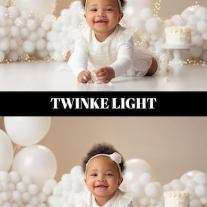 May include: A baby in a white dress and headband smiles, surrounded by white balloons and a small cake. The image includes the text "TWINKE LIGHT" in a black bar.