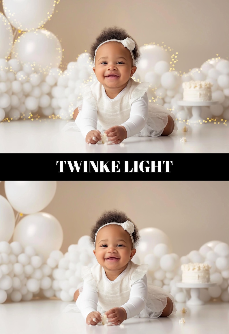 May include: A baby in a white dress and headband smiles, surrounded by white balloons and a small cake. The image includes the text "TWINKE LIGHT" in a black bar.