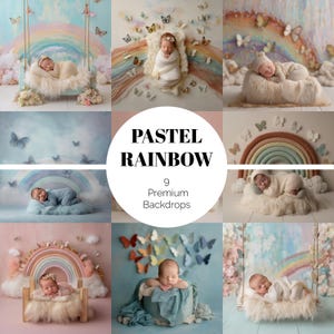 Peut inclure: Neuf toiles de fond pastel arc-en-ciel de qualité supérieure pour la photographie de nouveau-nés. Les images présentent des bébés posés avec des papillons, des arcs-en-ciel et des nuages. Les toiles de fond ont des couleurs et des textures douces.