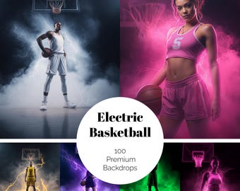 May include: A composite image featuring basketball players and backdrops with electric effects. The central image displays the text "Electric Basketball" and "100 Premium Backdrops". The players are in action with basketballs, set against dramatic backgrounds.