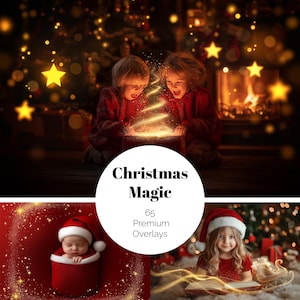 May include: A composite image with a Christmas theme. Two children in red sweaters open a glowing gift box. The image includes a baby in a Santa hat and a girl with a book. Text reads "Christmas Magic" and "65 Premium Overlays".