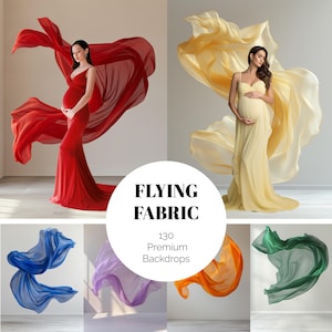 以下が含まれることがあります： 赤、黄色、青、紫、オレンジ、緑など、さまざまな色の流れる生地の背景を写した画像のコラージュです。「FLYING FABRIC」と「130 Premium Backdrops」の文字が白い円の中に表示されています。