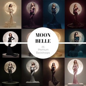 Puede incluir: Una colección de fondos de fotografía de maternidad con mujeres con elegantes vestidos posando frente a un telón de fondo de luna. La imagen incluye el texto "MOON BELLE" y "25 Premium Backdrops". Los vestidos son de varios colores, incluyendo negro, morado y rosa.