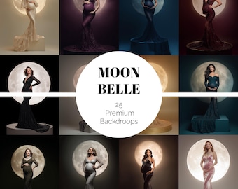 May include: A selection of maternity backdrops showcasing women in flowing gowns, posed against a moon backdrop. The image includes the text "MOON BELLE" and "25 Premium Backdrops". The gowns are in various colours, including black, purple, and pink.