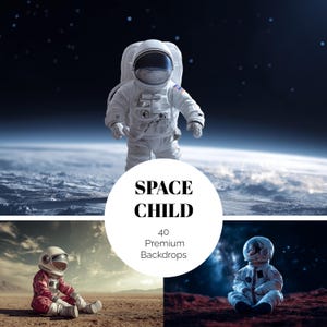 May include: An astronaut in a white spacesuit stands against a backdrop of Earth and space. The image includes the text "SPACE CHILD" and "40 Premium Backdrops" in a white circle. Additional images show astronauts on different planets.